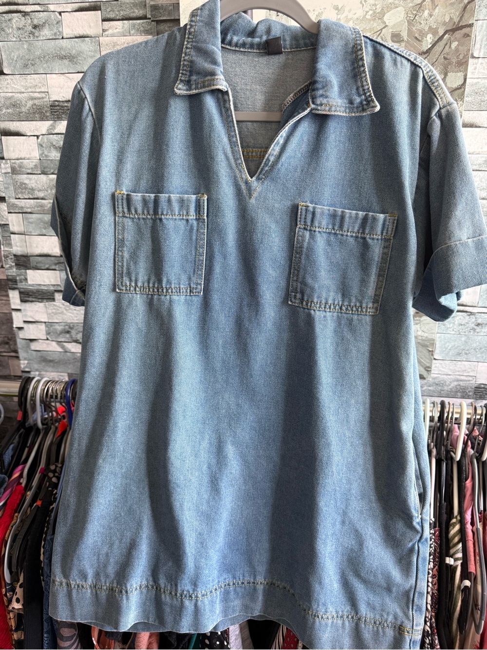 SHEIN Light Blue Denim Short-Sleeve Mini Dress with Patch Pockets